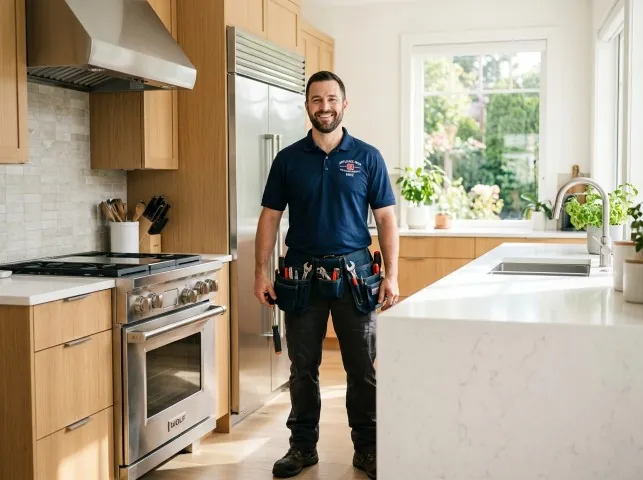 Appliance Repair Hero technician in a Byfield, MA kitchen after an appliance repair