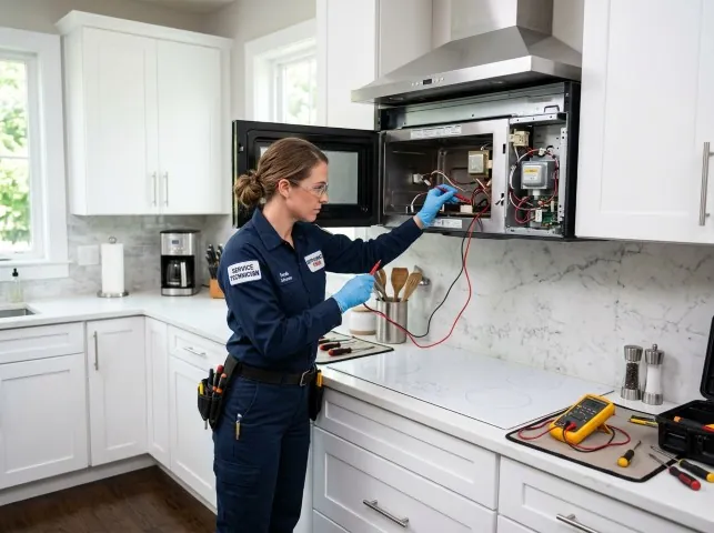 Appliance Repair Hero technician testing an over-the-range microwave in a Byfield, MA kitchen